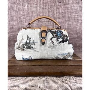 Vintage Cowboy Tapestry Handbag Purse/faux Leather bottom / Handle~1940’